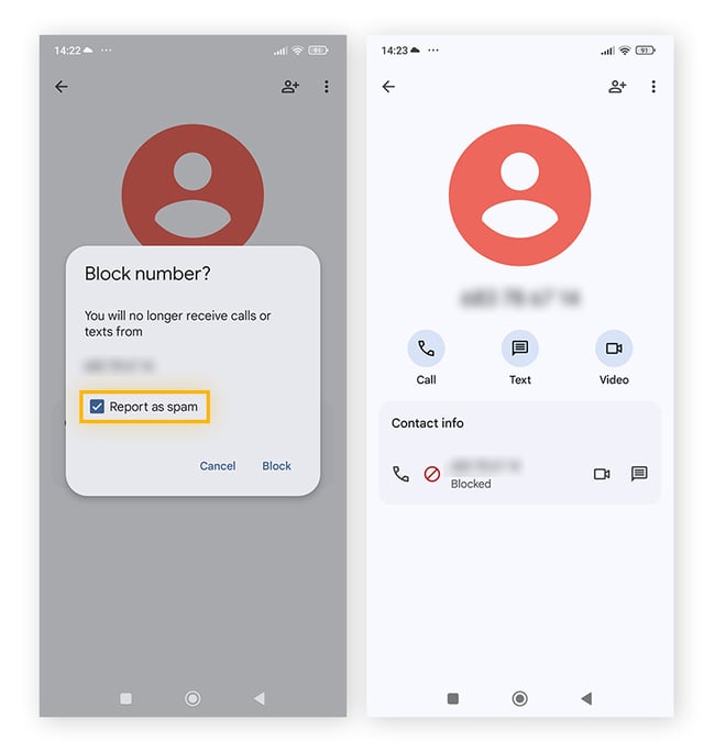 Tick the box Report as spam, then tap Block to confirm.