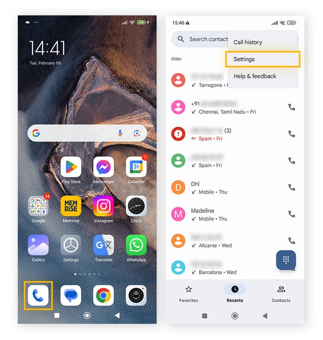 To stop unwanted calls on Android open the phone app, tap the three dots, and choose Settings.