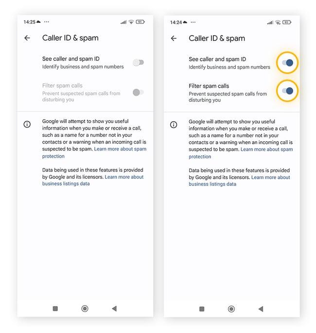 Toggle on See caller and spam ID and Filter spam calls to block all spam risk calls going forward.