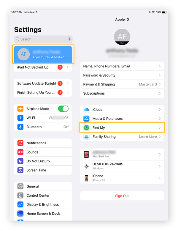 Ouvrez les réglages de l’iPad, appuyez sur votre nom d’utilisateur et sélectionnez « Localiser » pour accéder aux réglages de la fonction « Localiser mon iPad ».