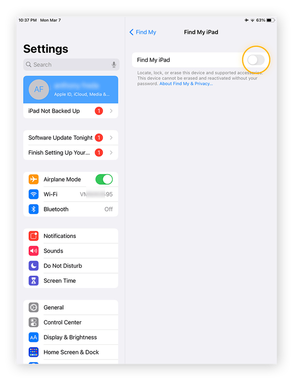 Botón de desplazamiento «Buscar mi iPad» en los ajustes del iPad.