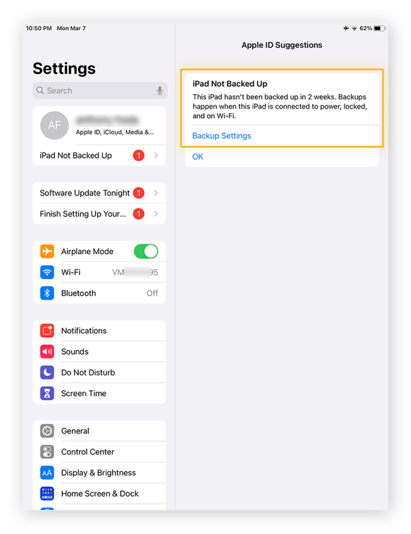 Tocca iPad non sottoposto a backup, quindi Impostazioni backup, che ti consente di ripristinare le impostazioni su un nuovo dispositivo.