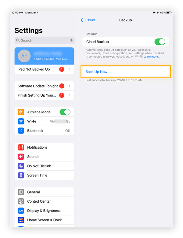 Backup settings in iPad are shown. iCloud backup and "Back up Now" are shown.