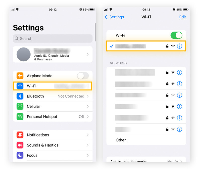 Aufruf der WLAN-Menüs über die iOS-Einstellungen