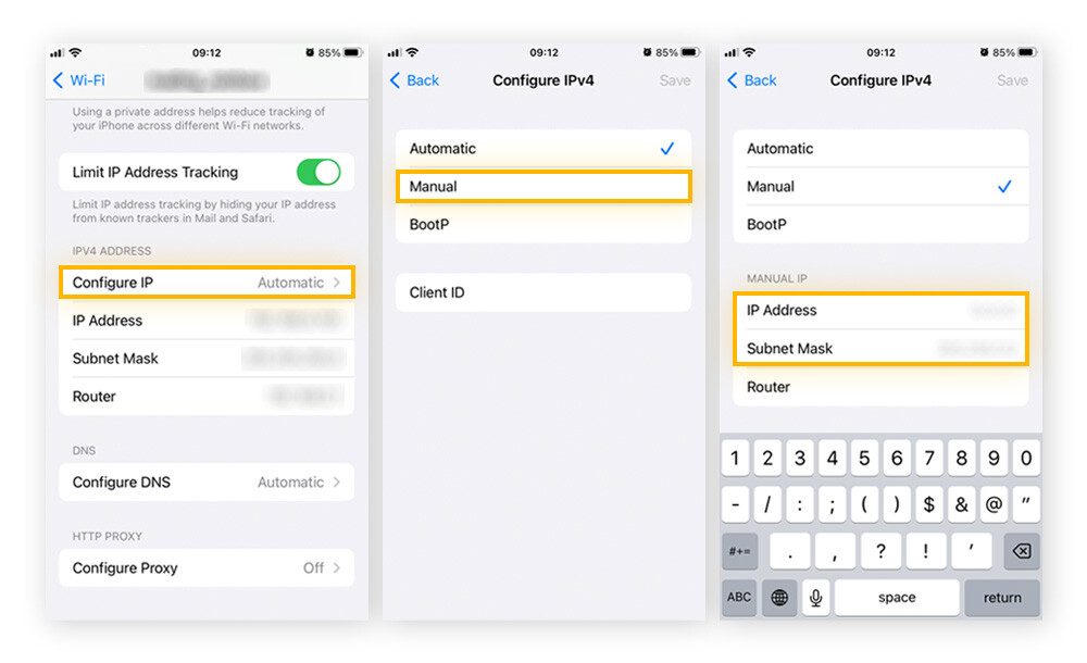 Manually configuring an IPv4 network IP address on iPhone.