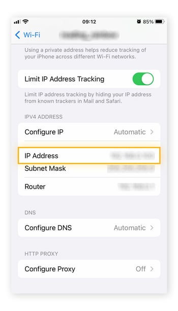 Screenshot of Wi-Fi network screen on iPhone, with the IP address highlighted