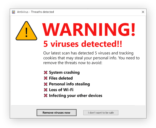 Un esempio di avviso di un virus fittizio che potrebbe essere infetto da malware.