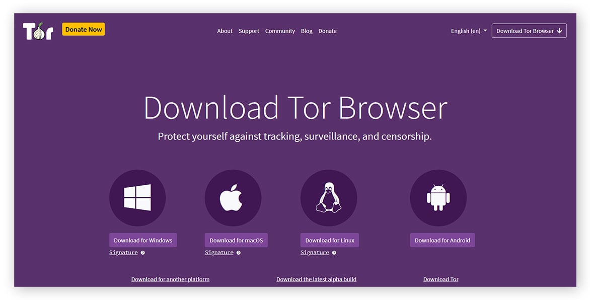 A view of the Tor Project homepage and the options for installing.