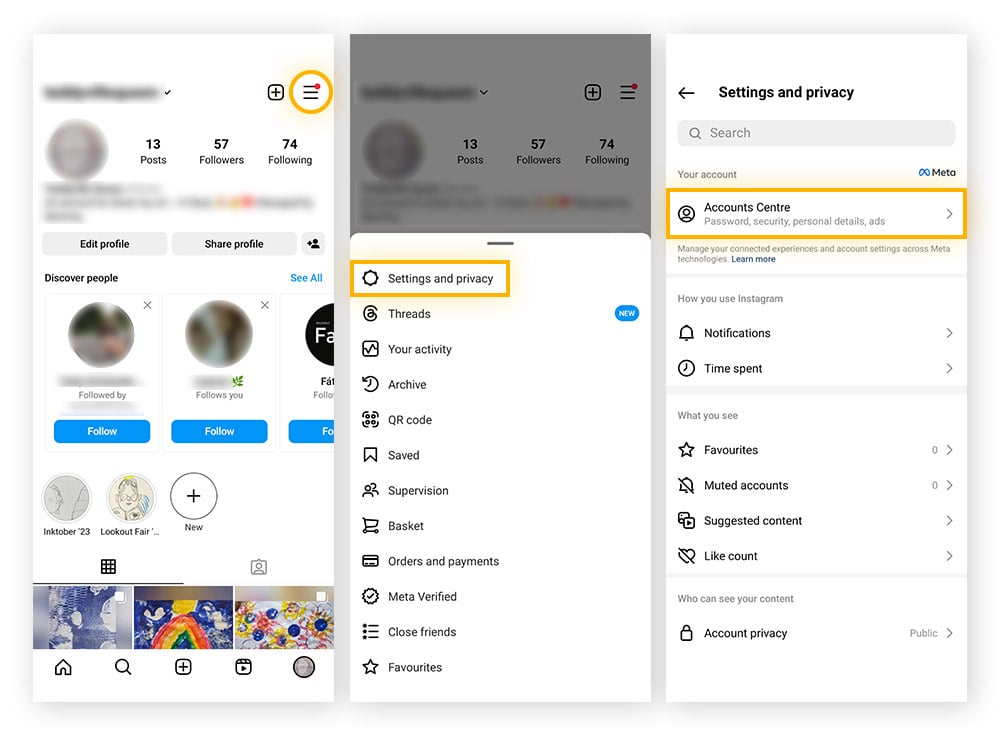Para desativar sua conta do Instagram, comece tocando no botão do perfil, no ícone do menu, em Configurações e privacidade e depois em Central de contas.