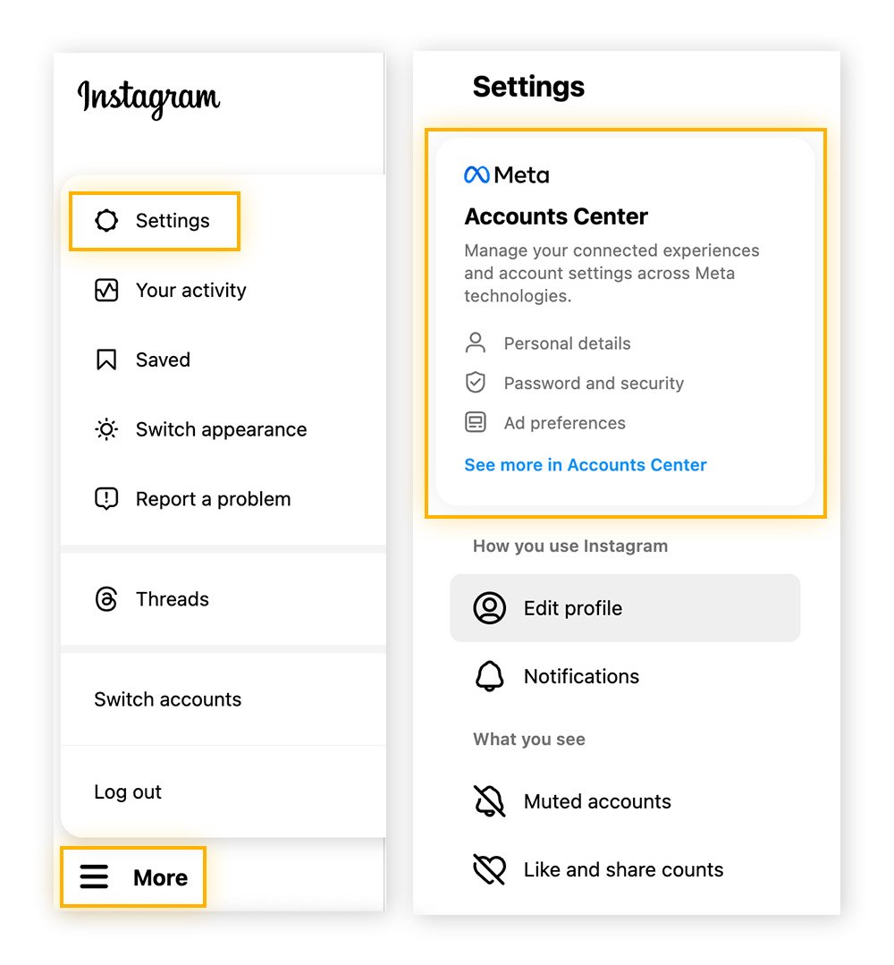 To delete your Instagram account on your computer, start by clicking more, settings, accounts center.