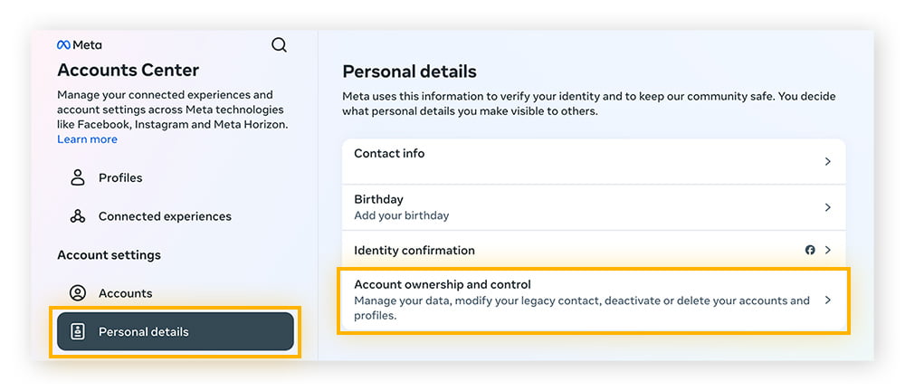 Click Personal details, then Account ownership and control.