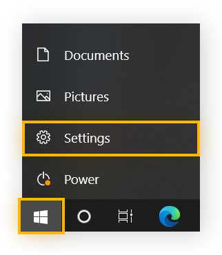 Icona del menu Start e opzione Impostazioni evidenziate in Windows 10