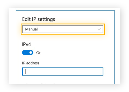 Schermata Modifica impostazioni IP con l'opzione "Manuale" evidenziata