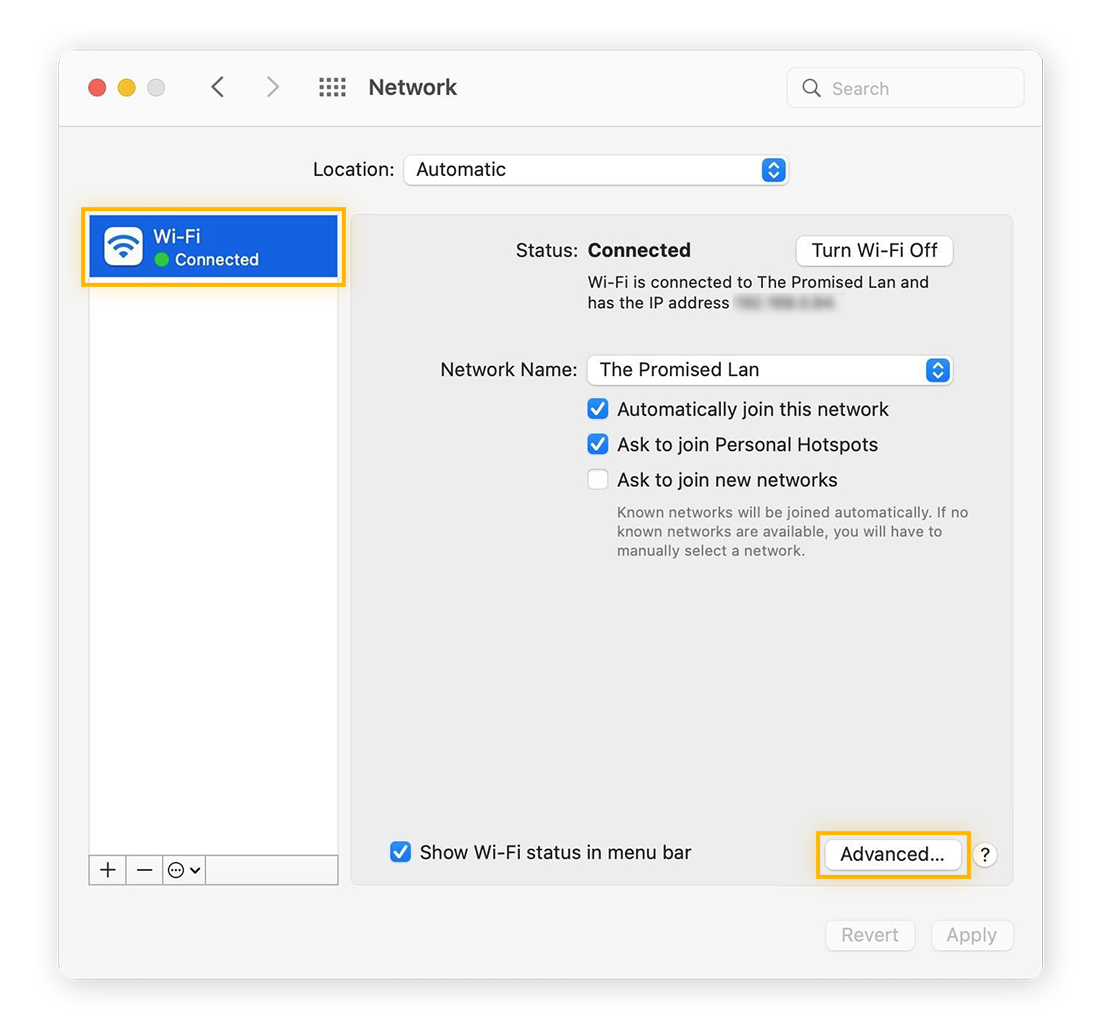 Highlighting a Wi-Fi connection and "Advanced..."  in Network Settings