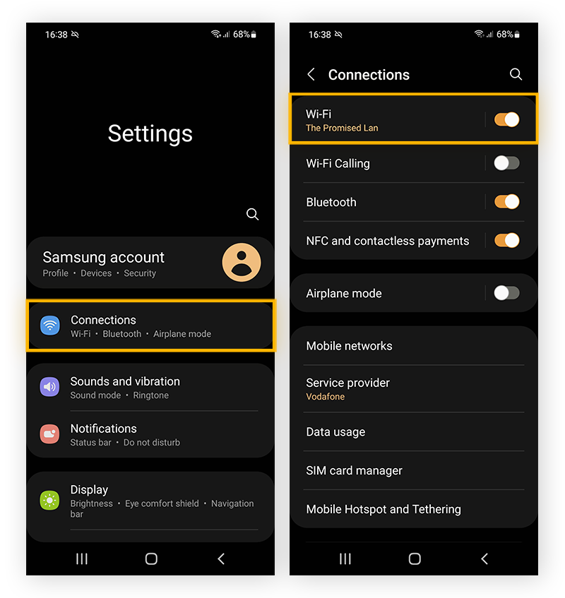 Highlighting "Connections" and a Wi-Fi connection in Android Settings