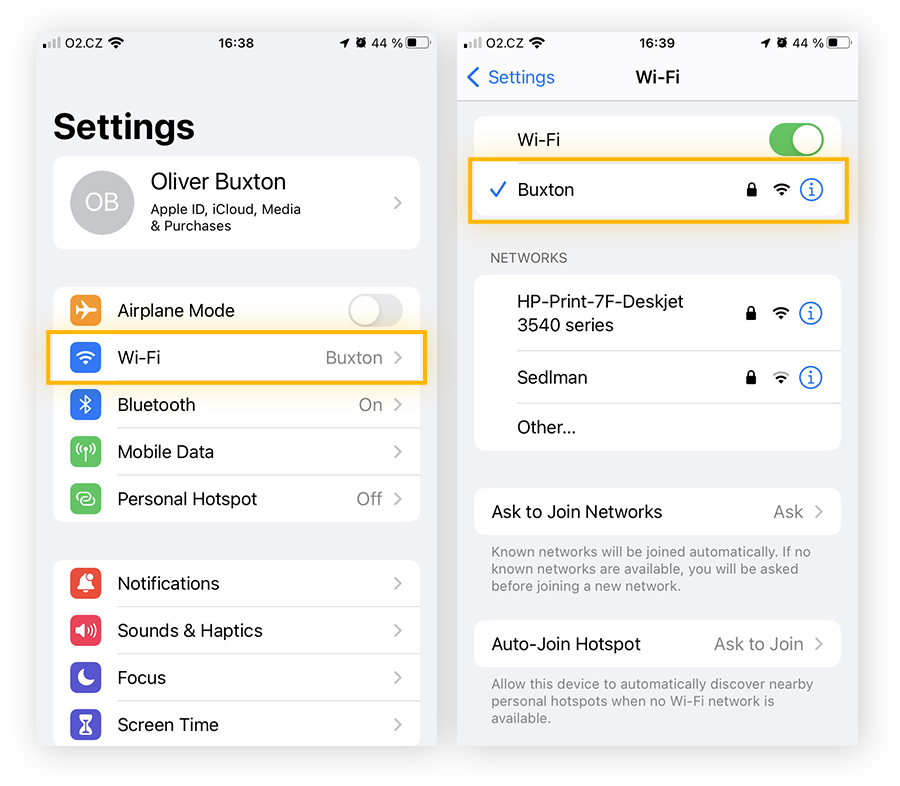Highlighting the Wi-Fi option in iOS settings