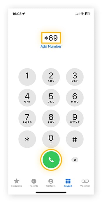 The iPhone keypad with *69 dialled and the Call button highlighted.