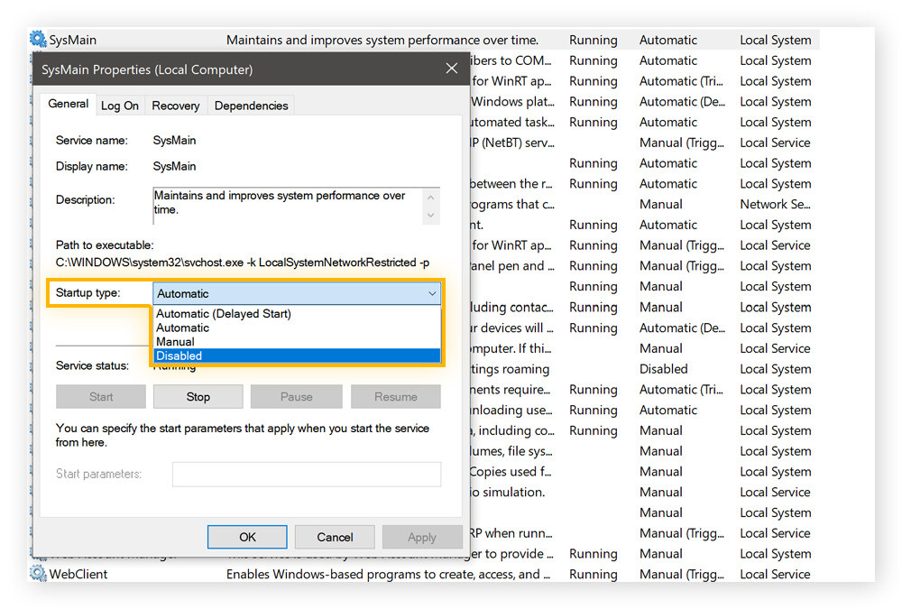 Viewing the Superfetch service in Windows 10.