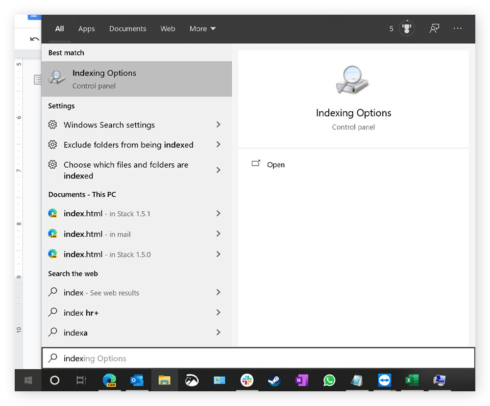 Launching indexing options to rebuild the Search Index in Windows 10.