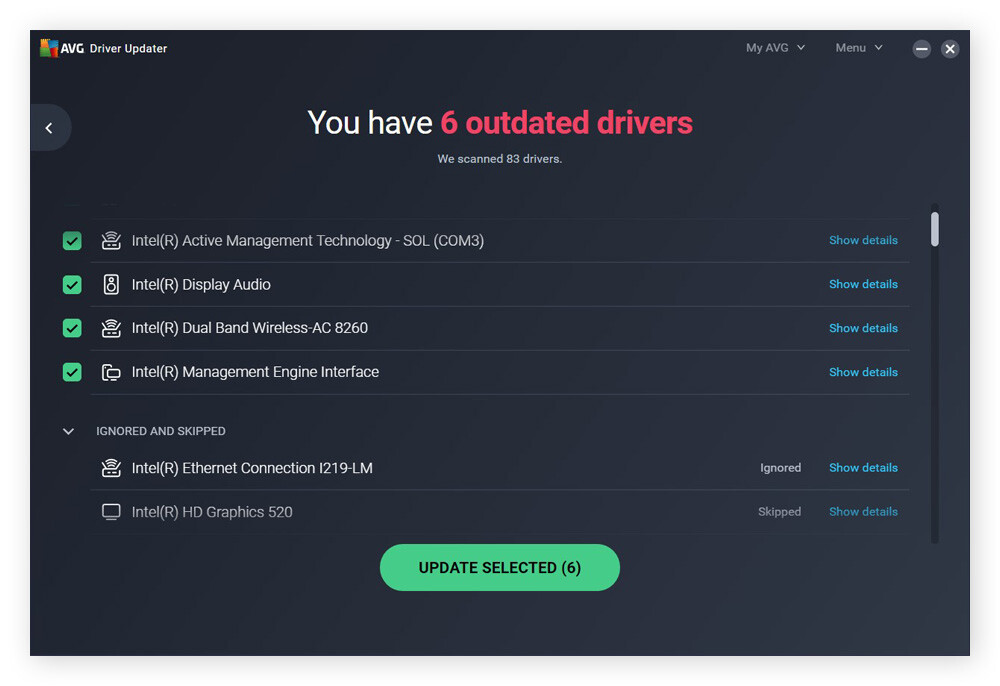 Driver Updater in AVG TuneUP scanning for outdated drivers.