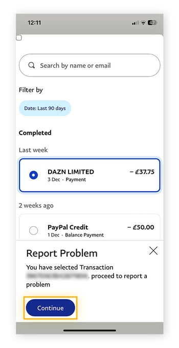 Reporting a fraudulent transaction on the PayPal app after the account was hacked.