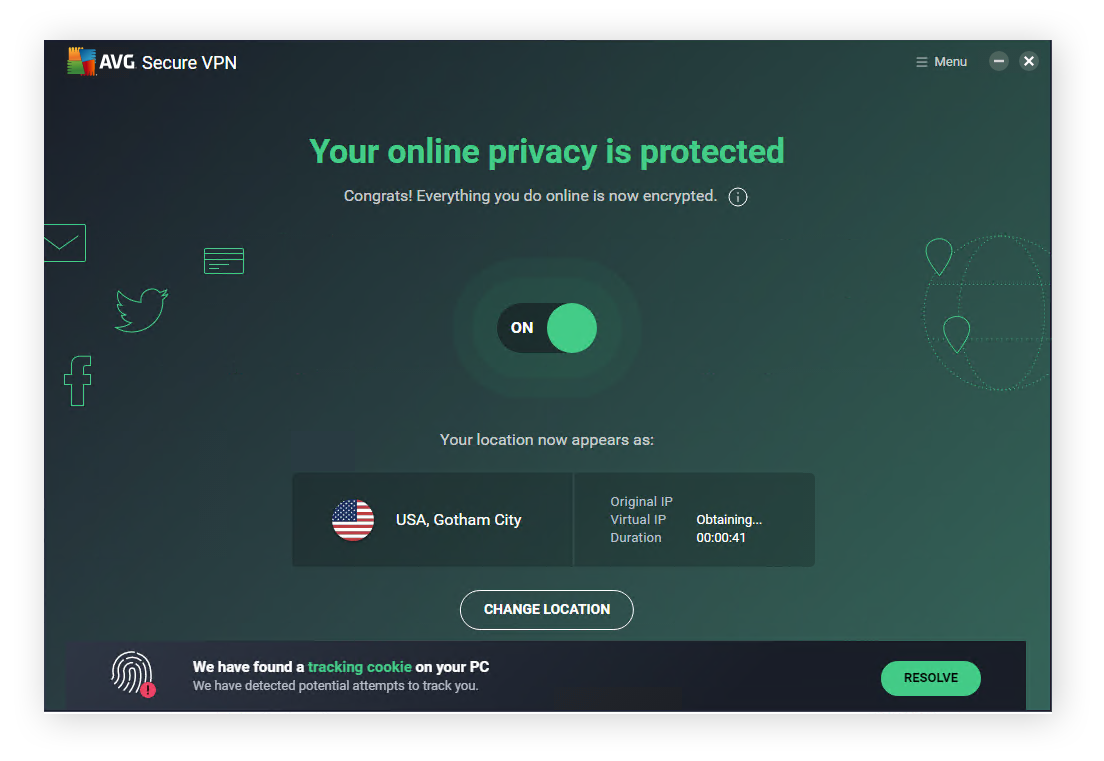 AVG Secure VPN hides your location and bypasses content blocks.
