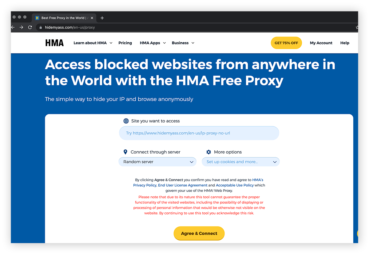 Use el proxy web de HMA para desbloquear sitios web en el centro educativo o el trabajo.