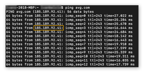 IP पता प्राप्त करने के लिए MacOS पर AVG.com को पिंग करना।