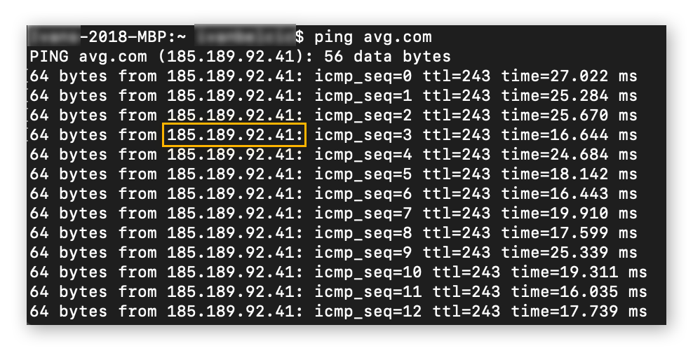 Een ping uitvoeren op avg.com op macOS om het IP-adres op te halen.