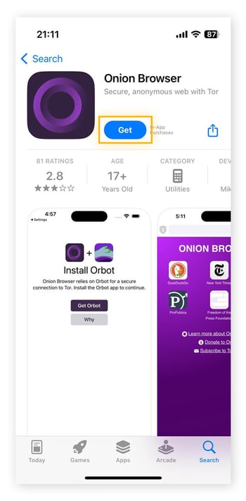 To access the dark web on iPhone install the Onion Browser app.