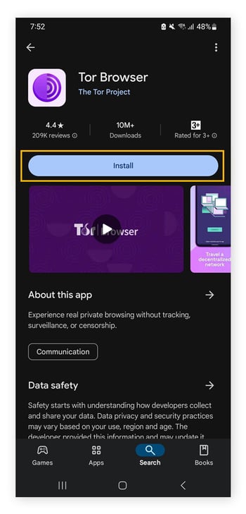 Google play store page for TOR browser