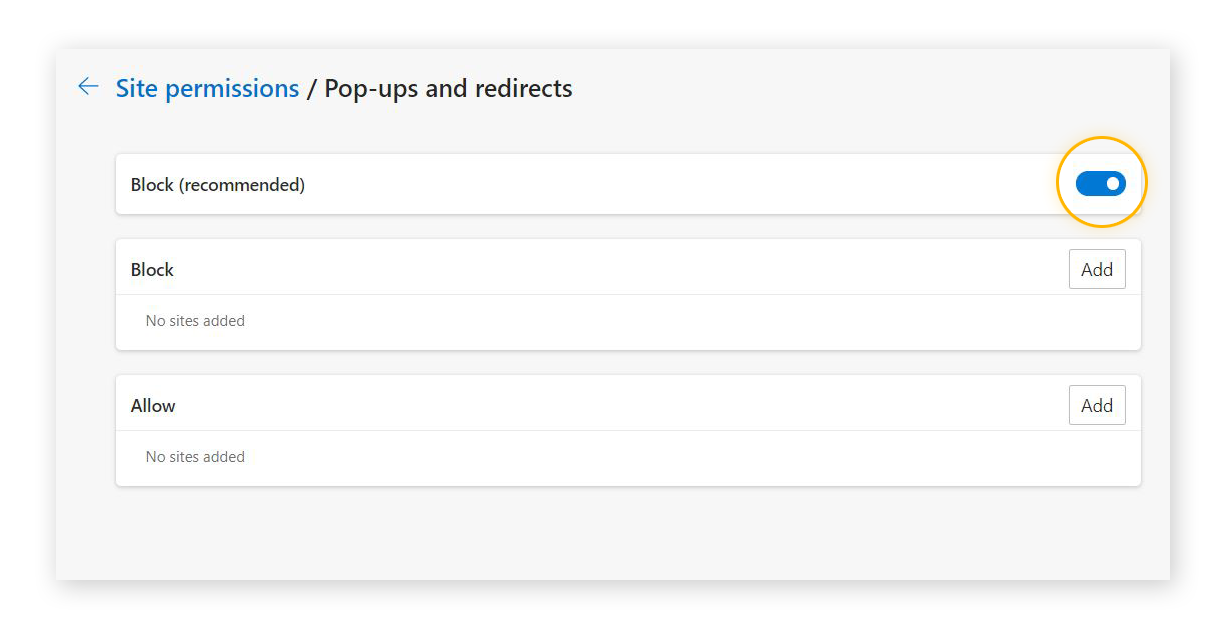 The permission for blocking or unblocking pop-ups in Microsoft Edge or IE.