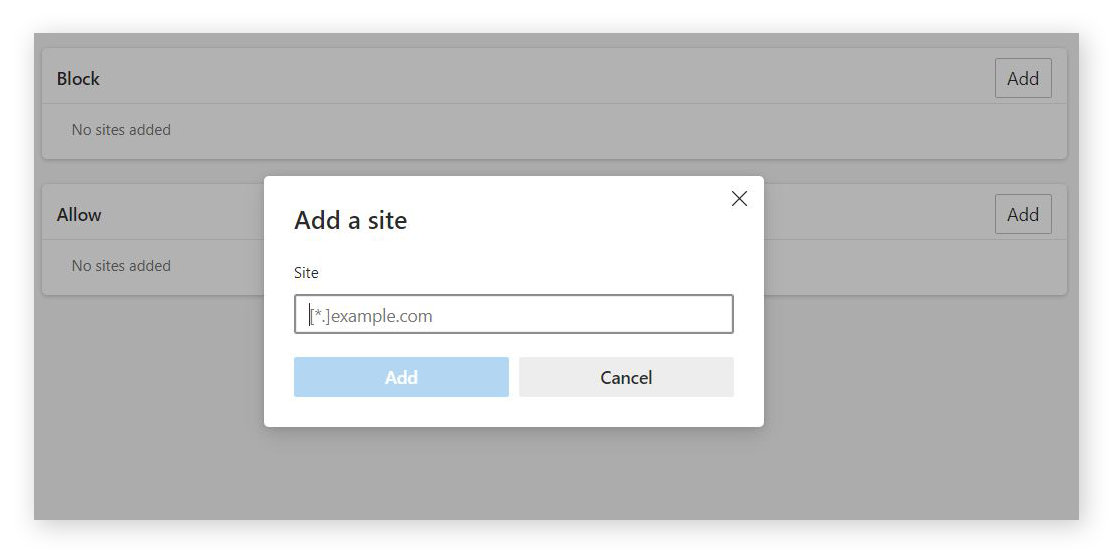 Entering specific websites to allow pop-ups in Edge.