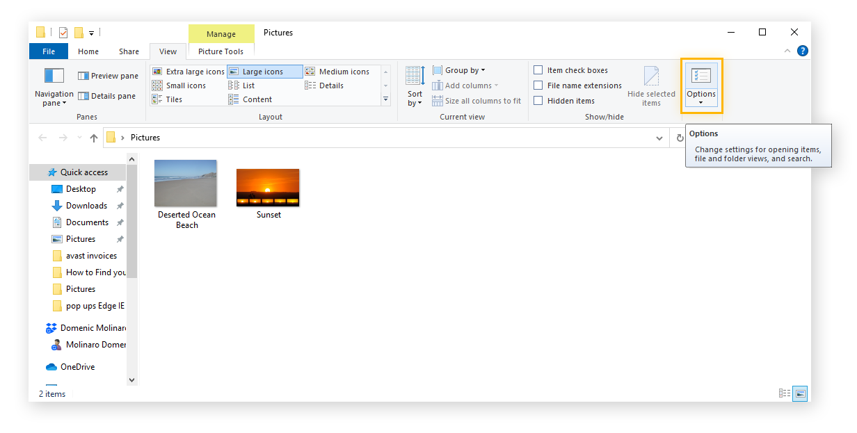 Selezione di Opzioni nella scheda Visualizza in una cartella in Windows 10