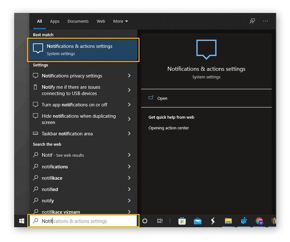 Highlighting the search for "Notifications" in the search bar and the "Notifications & actions settings" option in the Start menu