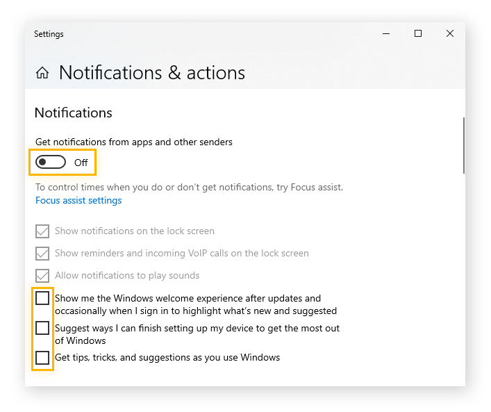 Highlighting the On/Off toggle and the unchecked notification options in the Notifications & actions settings menu