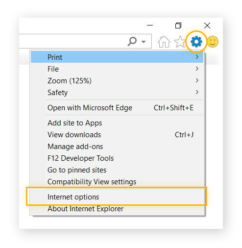 Highlighting the Tools button and Internet options in the Tools menu in Internet Explorer
