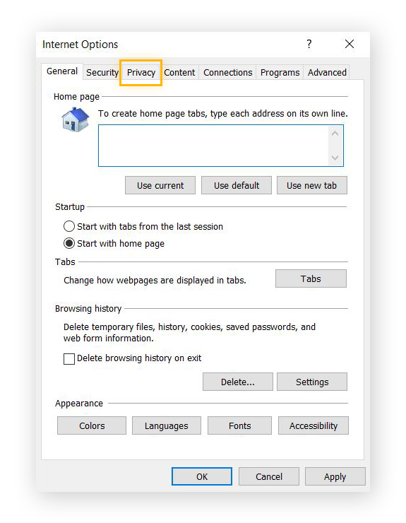 Highlighting the Privacy tab in Internet Options in Internet Explorer