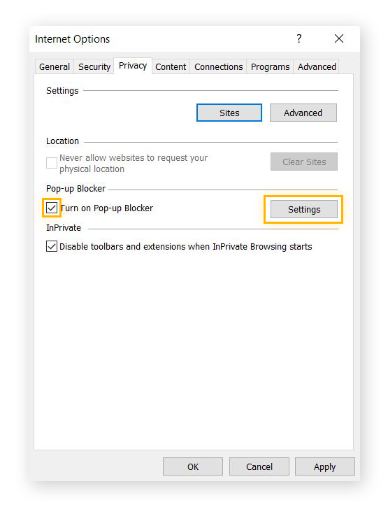 Highlighting the checked box next to "Turn on Pop-up Blocker" and the Settings button in Internet Options