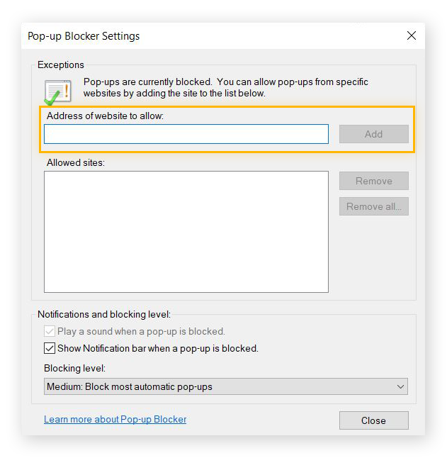 Highlighting the "Address of website to allow" field and the "Add" button in Internet Explorer's Pop-up Blocker Settings