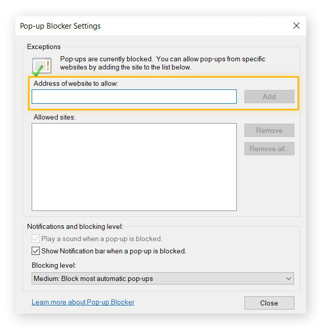 Resaltar el campo «Dirección del sitio web que desea permitir» y el botón «Agregar» de la configuración del bloqueador de ventanas emergentes de Internet Explorer