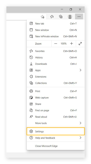 Highlighting "Settings" in the Microsoft Edge user menu