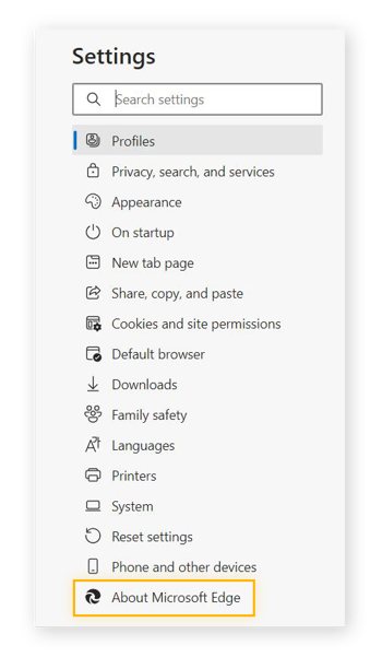 Highlighting "About Microsoft Edge" in the Microsoft Edge Settings menu