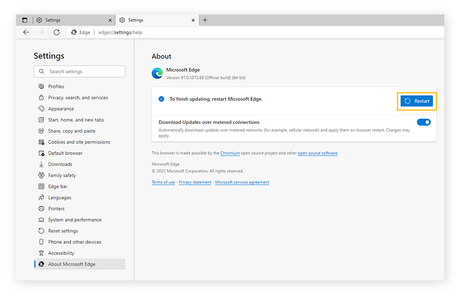 Hervorheben der Schaltfläche für Updates und Neustart unter „Infos zu Microsoft Edge“ in den Edge-Einstellungen