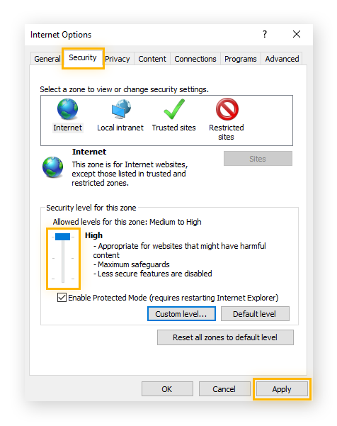 Increasing browser security settings on IE.