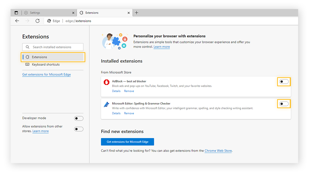 Highlighting "Extensions" and extension toggles under Extensions in Microsoft Edge Settings