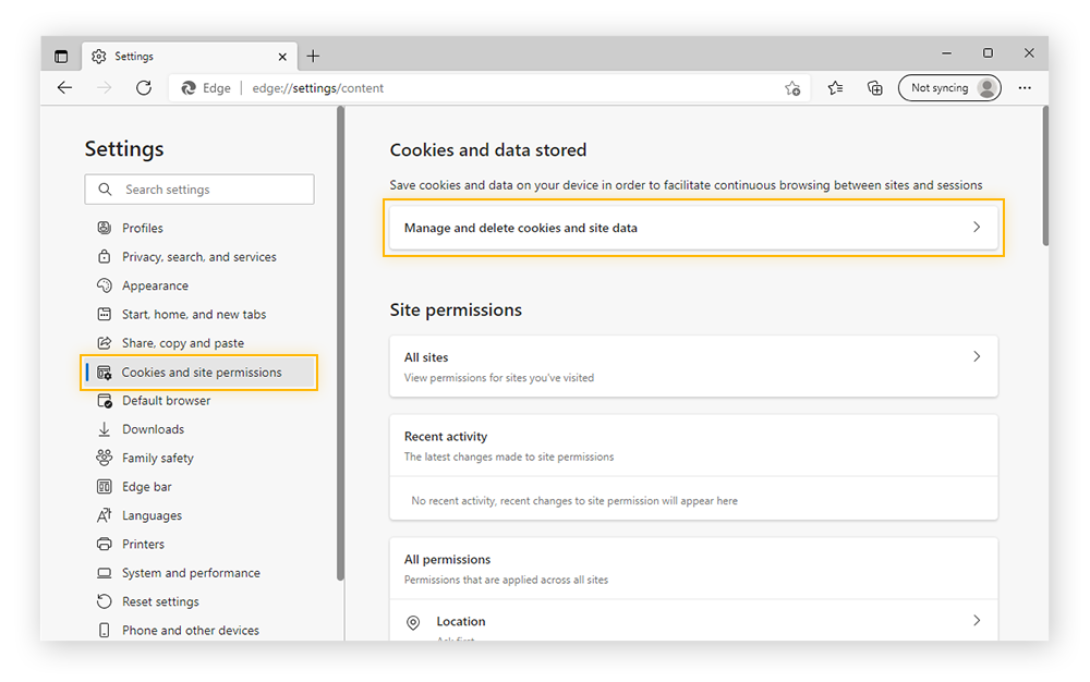 Destacando “Cookies e permissões do site” e “Gerenciar e excluir cookies e dados do site” em Configurações do Microsoft Edge