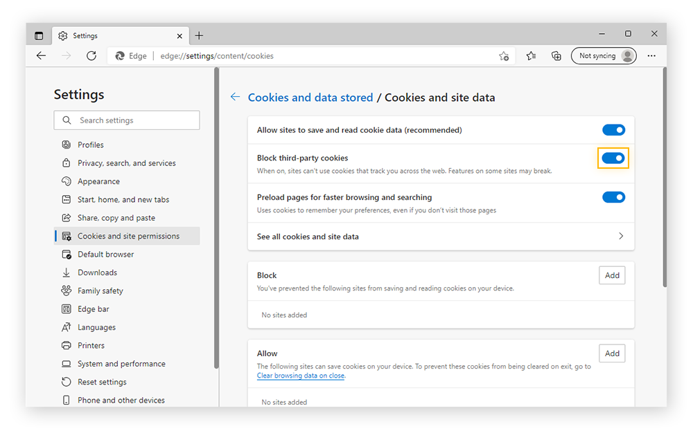 Resaltar el conmutador «Bloquear las cookies de terceros» en «Administra y elimina cookies y datos del sitio» en Microsoft Edge