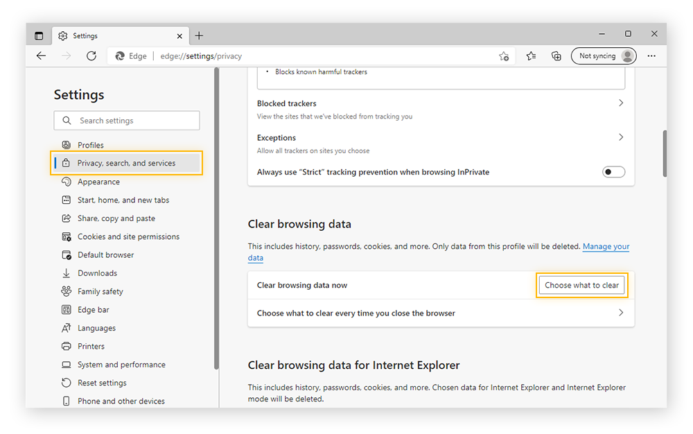 The privacy, search, and services settings in Microsoft Edge.