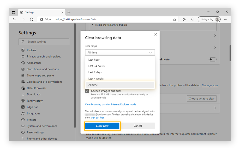 Highlighting the "All time" option for the Time range and the "Clear now" button" under "Clear browsing data" in Microsoft Edge